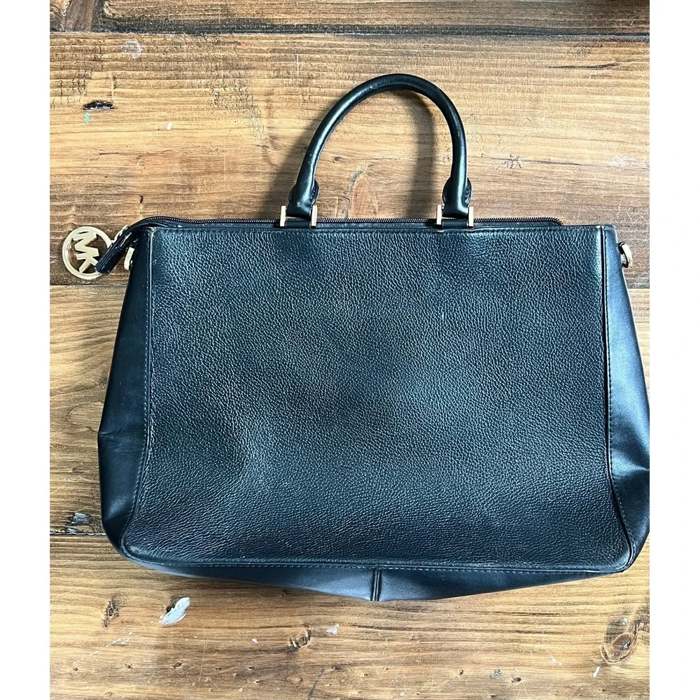Michael Kors Black Pebbled Leather Satchel Handbag Gold Tone Hardware MK Charm